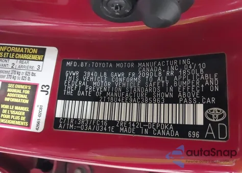 2010 Toyota Corolla Le from USA, damaged, VIN 2T1BU4EE9AC385963